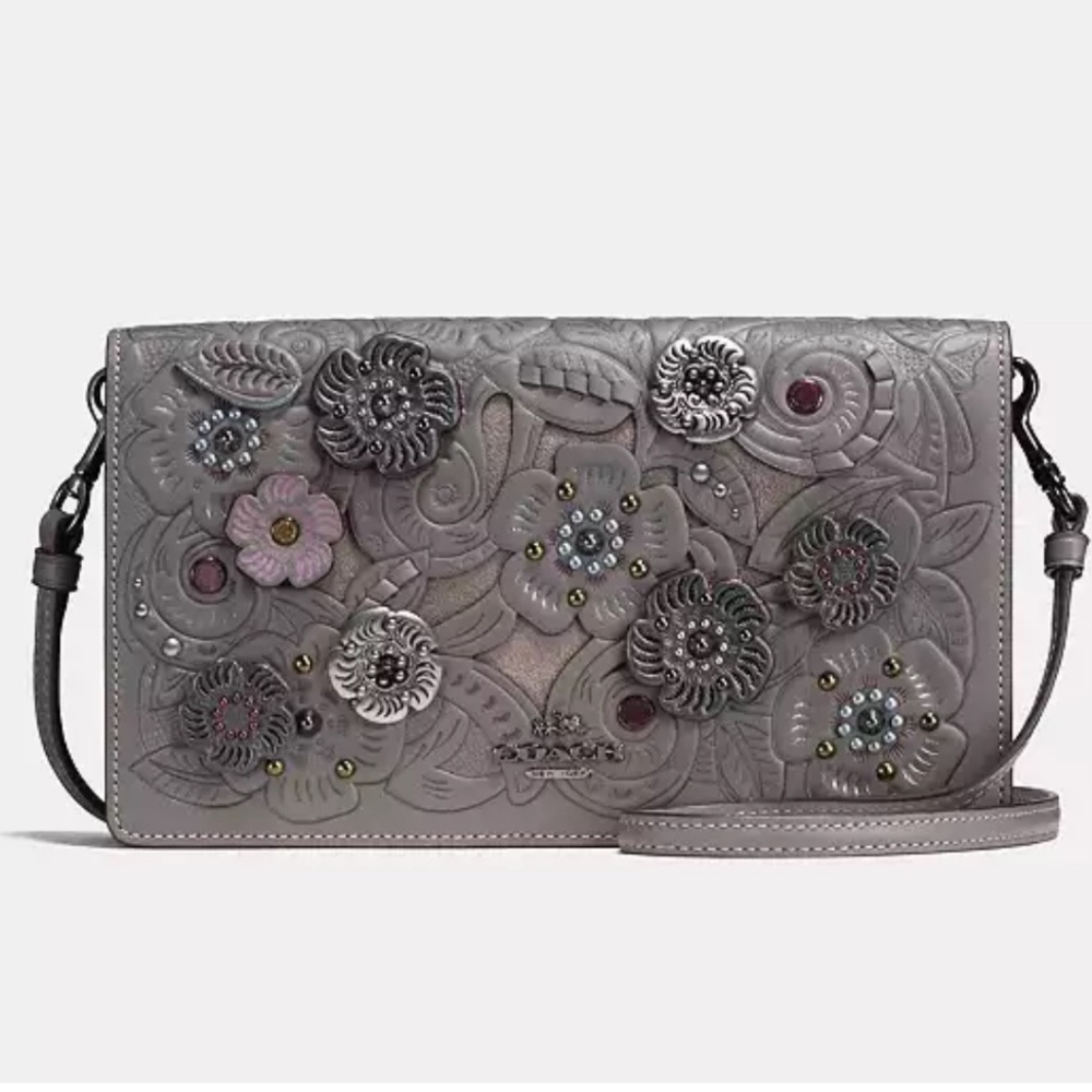 Coach Gray Foldover Crossbody Bag with Floral Appliqués